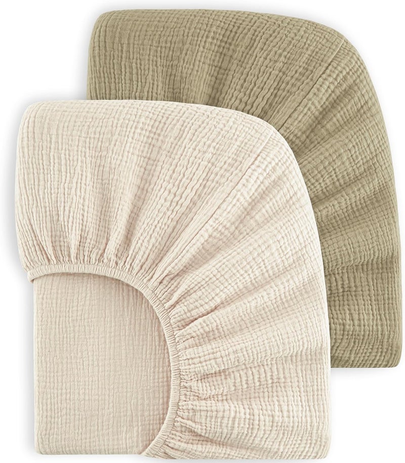 Bearmoss Muslin Crib Sheets 100% Cotton Baby Crib Sheets Fitted for Standard Crib Mattress & Toddler Bed Mattress 52"x28" Soft Breathable Crib Sheet Neutral for Boys Girls - 2 Pack (Oat Latte) - Image 1
